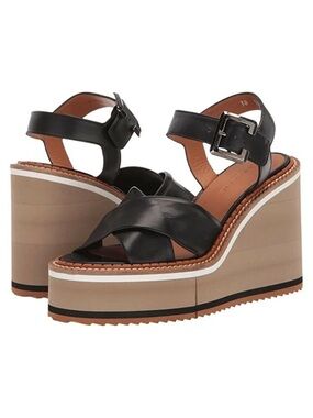Robert Clergerie Black and Tan Wedge Sandals